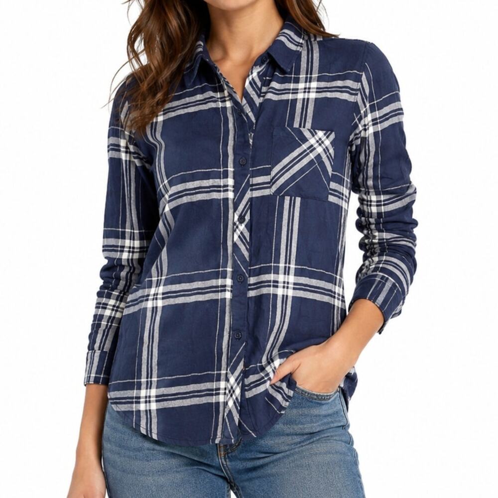 Rails Hunter XS Navy White Plaid Rayon Button Front Shirt